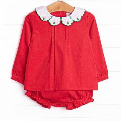 This set features a red corduroy, holly leaf embroidered collar, and matching diaper cover.