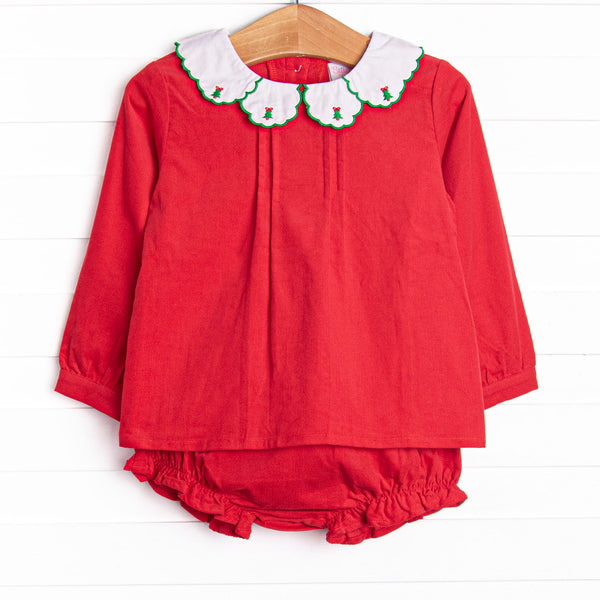 This set features a red corduroy, holly leaf embroidered collar, and matching diaper cover.