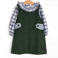 Bleu features a beautiful combination of timeless elegance and charm, curated with intricate details and crafted from premium fabrics! This dress set&nbsp; features a blue plaid top with a ruffle collar and a green corduroy jumper dress with ruffle button-on tabs.