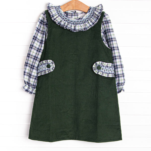Bleu features a beautiful combination of timeless elegance and charm, curated with intricate details and crafted from premium fabrics! This dress set&nbsp; features a blue plaid top with a ruffle collar and a green corduroy jumper dress with ruffle button-on tabs.
