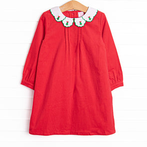 Christmas Tree Tidings Embroidered Dress, Red