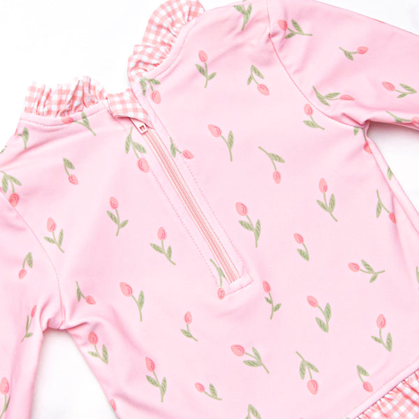 Recital Roses Long Sleeve Rash Guard Bikini, Pink