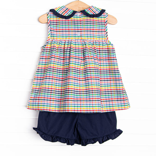 Prep School Plaid Ruffle Short Set, Blue