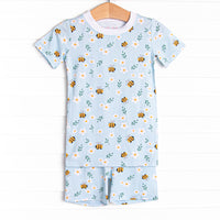 Bumble Bee Blues Bamboo Pajama Short Set, Blue