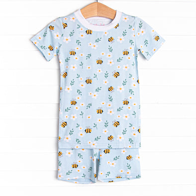 Bumble Bee Blues Bamboo Pajama Short Set, Blue