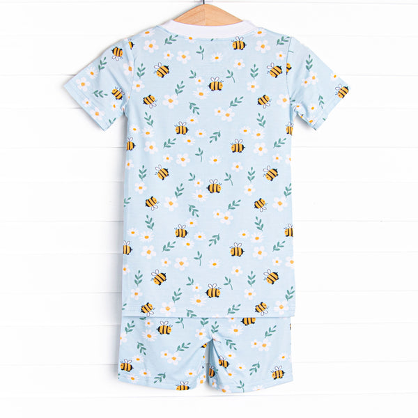 Bumble Bee Blues Bamboo Pajama Short Set, Blue