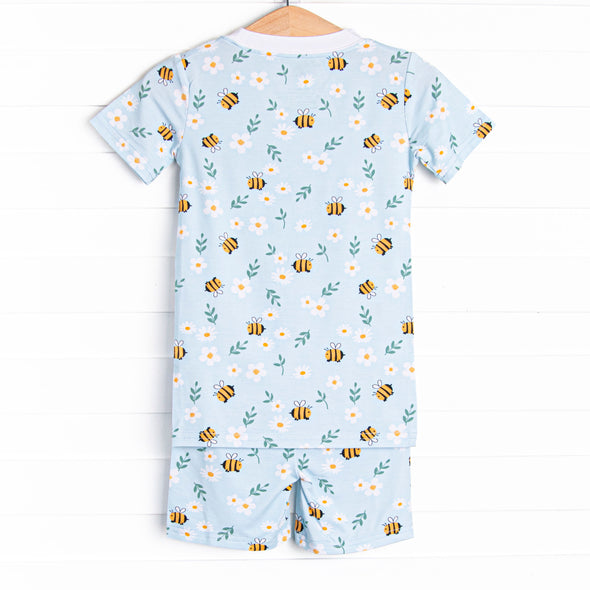 Bumble Bee Blues Bamboo Pajama Short Set, Blue