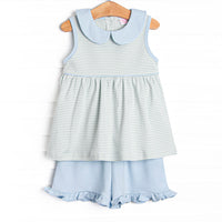 Marcella Pima Ruffle Short Set, Blue and Sage Stripe