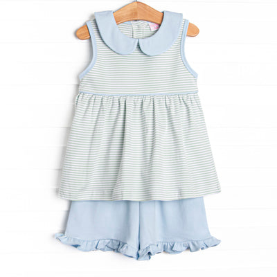 Marcella Pima Ruffle Short Set, Blue and Sage Stripe