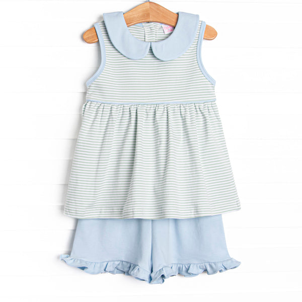 Marcella Pima Ruffle Short Set, Blue and Sage Stripe