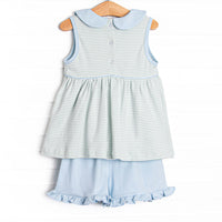 Marcella Pima Ruffle Short Set, Blue and Sage Stripe
