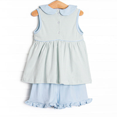 Marcella Pima Ruffle Short Set, Blue and Sage Stripe