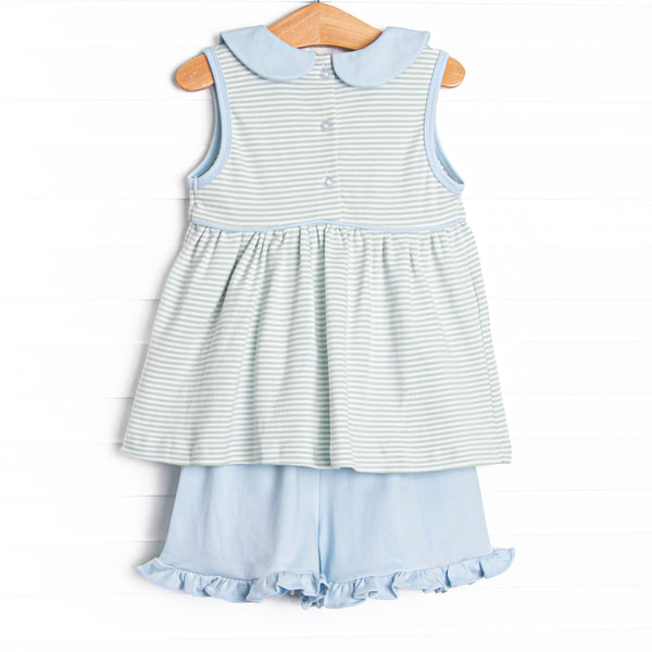 Marcella Pima Ruffle Short Set, Blue and Sage Stripe