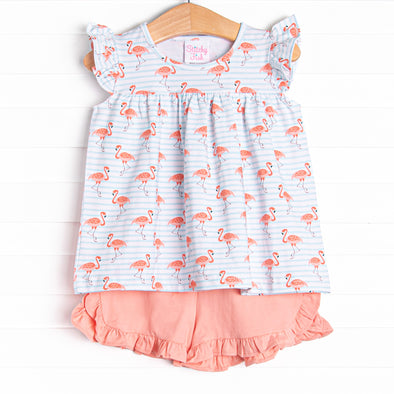 Fab Flamingos Ruffle Short Set, Blue