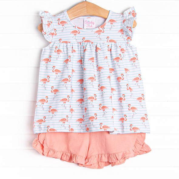 Fab Flamingos Ruffle Short Set, Blue