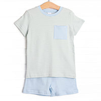 Coleman Pima Short Set, Blue and Sage Stripe