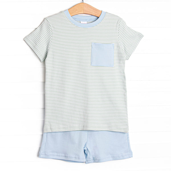 Coleman Pima Short Set, Blue and Sage Stripe