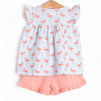 Fab Flamingos Ruffle Short Set, Blue