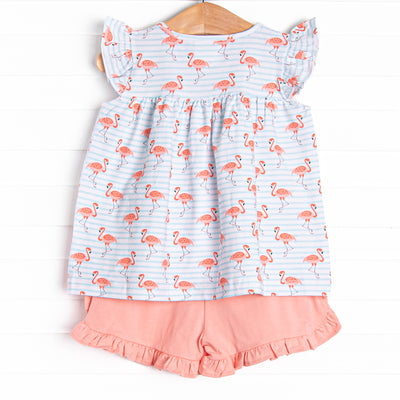 Fab Flamingos Ruffle Short Set, Blue