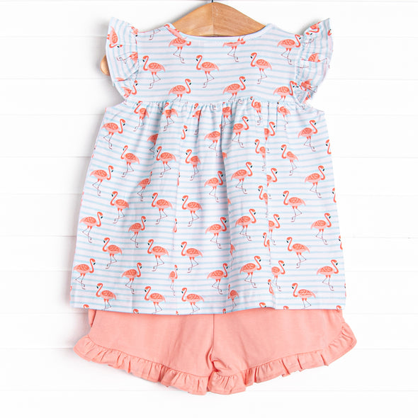 Fab Flamingos Ruffle Short Set, Blue