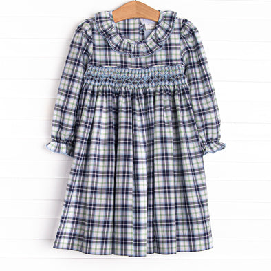 Bleu: Cordelia Smocked Long Sleeve Dress, Blue