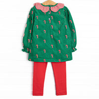 Candy Cane Craze Embroidered Legging Set, Green