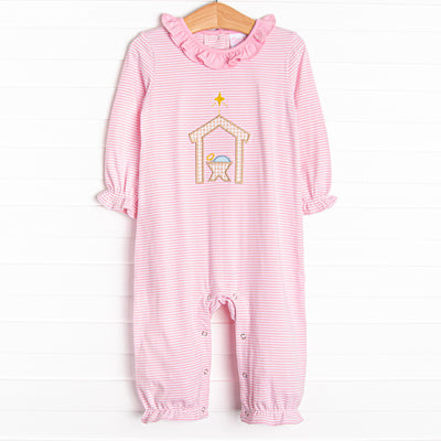 O' Holy Night Applique Ruffle Romper, Pink