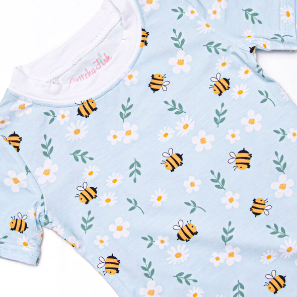 Bumble Bee Blues Bamboo Pajama Short Set, Blue