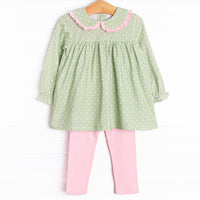  This set features a green polka dot print top with a pink ruffle peter pan collar and pink knit leggings to match. 