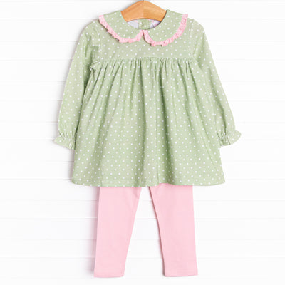  This set features a green polka dot print top with a pink ruffle peter pan collar and pink knit leggings to match. 