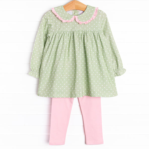  This set features a green polka dot print top with a pink ruffle peter pan collar and pink knit leggings to match. 