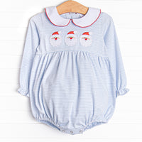  This bubble features soft blue stripes, peter pan collar, and a Santa trio applique. 