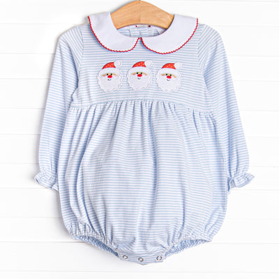  This bubble features soft blue stripes, peter pan collar, and a Santa trio applique. 