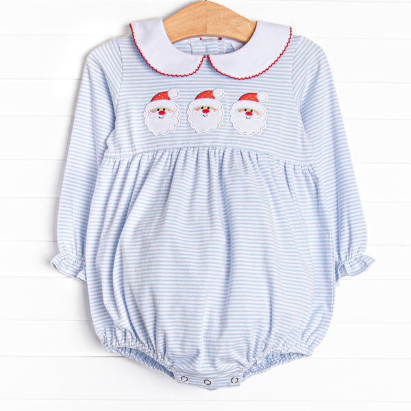 This bubble features soft blue stripes, peter pan collar, and a Santa trio applique. 
