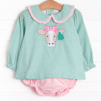 This set features mint green gingham, a peter pan collar, and a cow applique. Coordinating pink diaper cover to match.
