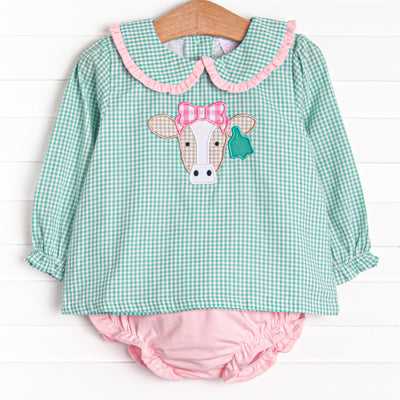 This set features mint green gingham, a peter pan collar, and a cow applique. Coordinating pink diaper cover to match.