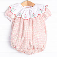  Bubble includes the sweetest red window pane body, scalloped bib, and a Christmas tree embroidery. 