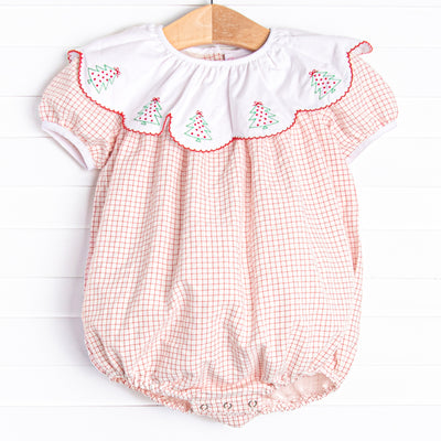 Bubble includes the sweetest red window pane body, scalloped bib, and a Christmas tree embroidery. 
