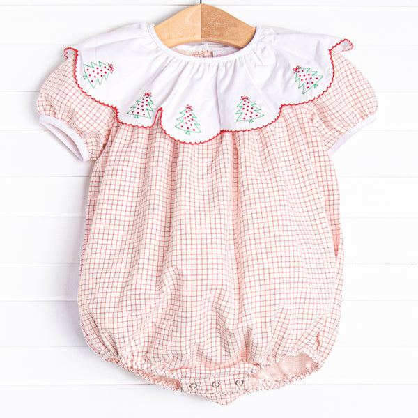  Bubble includes the sweetest red window pane body, scalloped bib, and a Christmas tree embroidery. 