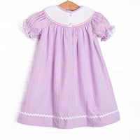 Bugging Out Smocked Bishop Dress, Purple Seersucker