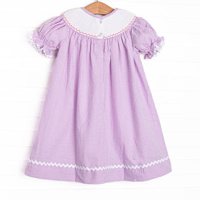 Bugging Out Smocked Bishop Dress, Purple Seersucker