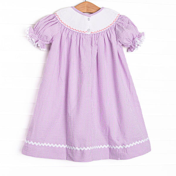 Bugging Out Smocked Bishop Dress, Purple Seersucker