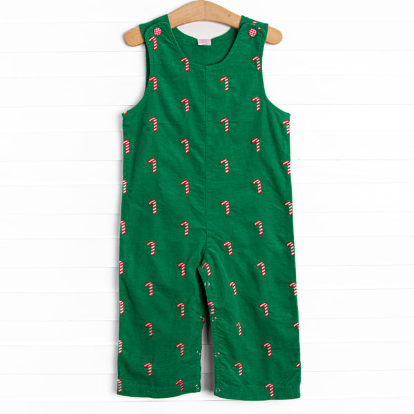 This Jon Jon features a green corduroy, front covered buttons, and candy cane embroideries.