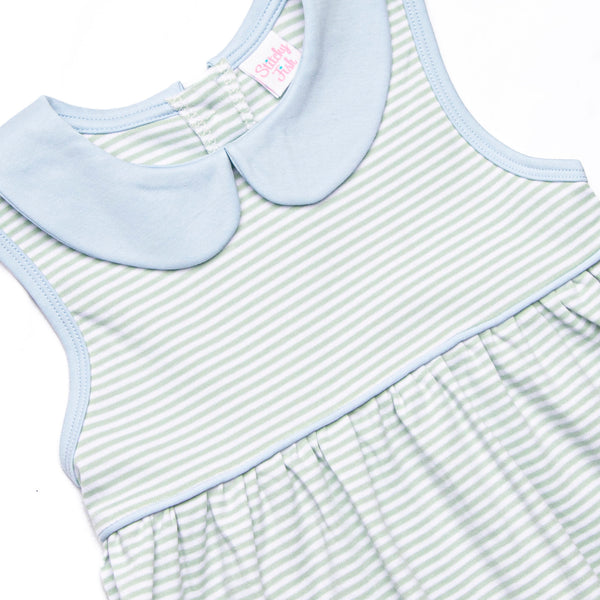 Marcella Pima Ruffle Short Set, Blue and Sage Stripe