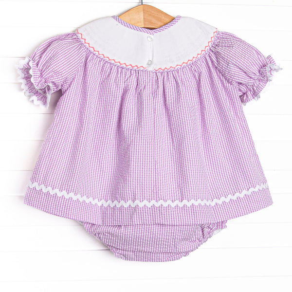 Bugging Out Smocked Diaper Set, Purple Seersucker