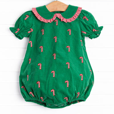  This bubble features a green corduroy, puff sleeves, and candy cane embroideries