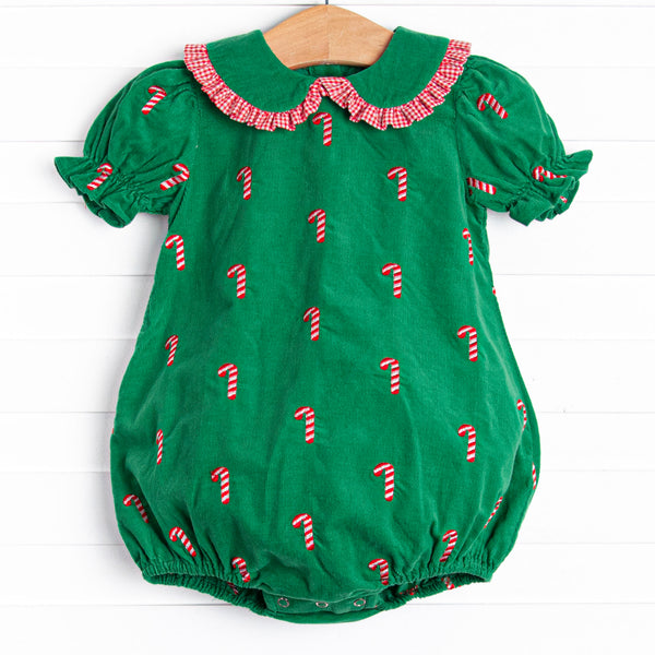  This bubble features a green corduroy, puff sleeves, and candy cane embroideries