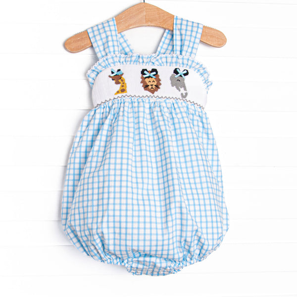 This bubble features a blue check print, a jungle animal smocking with mouse ears, and snaps on the stride.