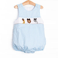 This bubble features a blue check print, a jungle animal smocking with mouse ears, and snaps on the stride.