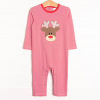 The romper features soft red stripes, snaps at the stride for extreme changing convenience, and the cutest reindeer applique.